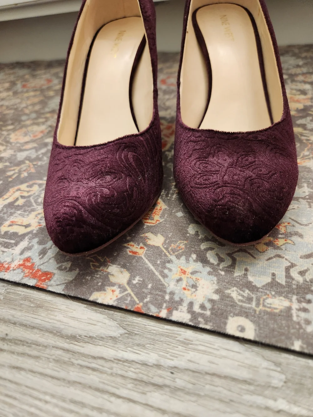Anne Klein Velvet Block Heel Pumps in Plum